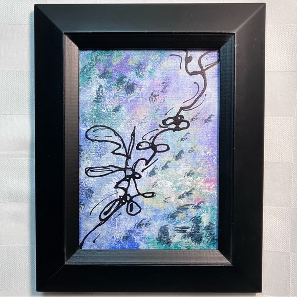 Original Abstract Framed Acrylic Floral Line Art Painting, 5x7" - Picture 2 of 14